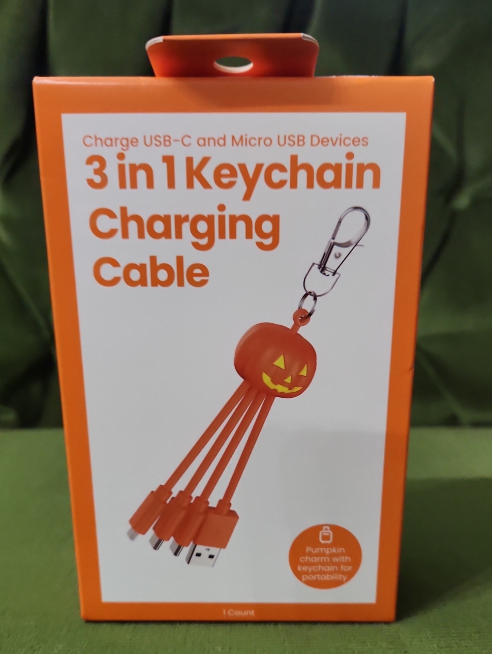Halloween Pumpkin 3-in-1 Orange Keychain Charging Cable